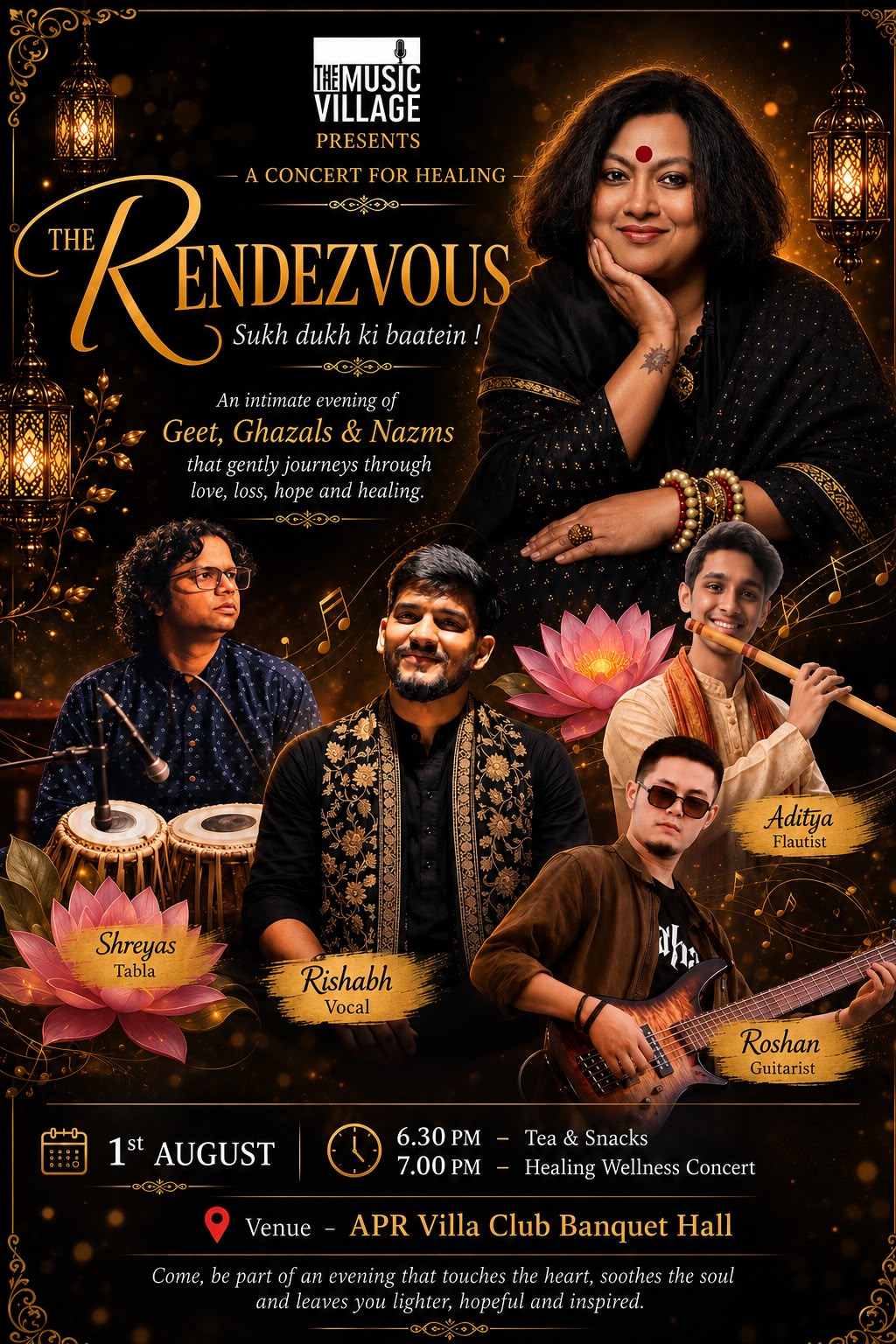 The Rendezvous — Sukh Dukh ki Baatein concert poster, 1 August 2026, APR Villa Club Banquet Hall, Bangalore