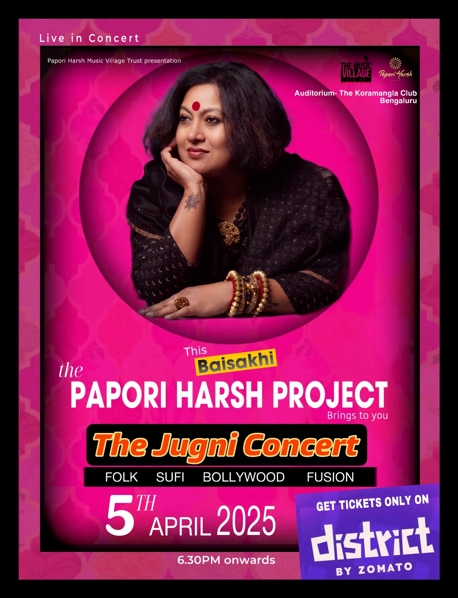 The Jugni Concert poster — The Papori Harsh Project, 5 April 2025, The Koramangala Club Auditorium, Bengaluru